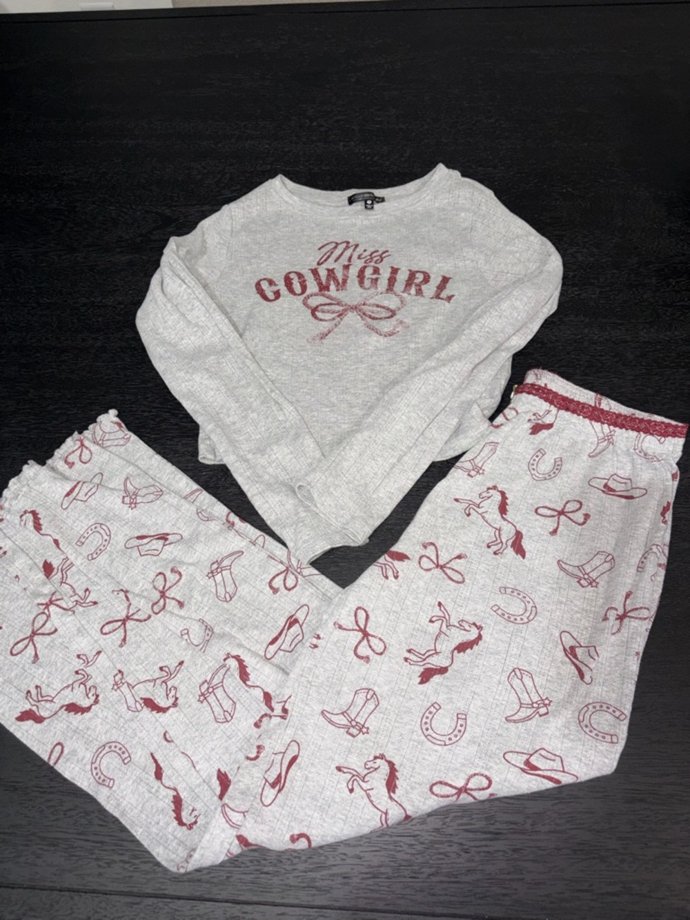‘Miss Cowgirl' Gray & Burgundy Pajama Set